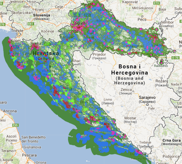 karta pokrivenosti 4g HT proširo pokrivenost 3G mrežom na području Zadarske, Primorsko  karta pokrivenosti 4g
